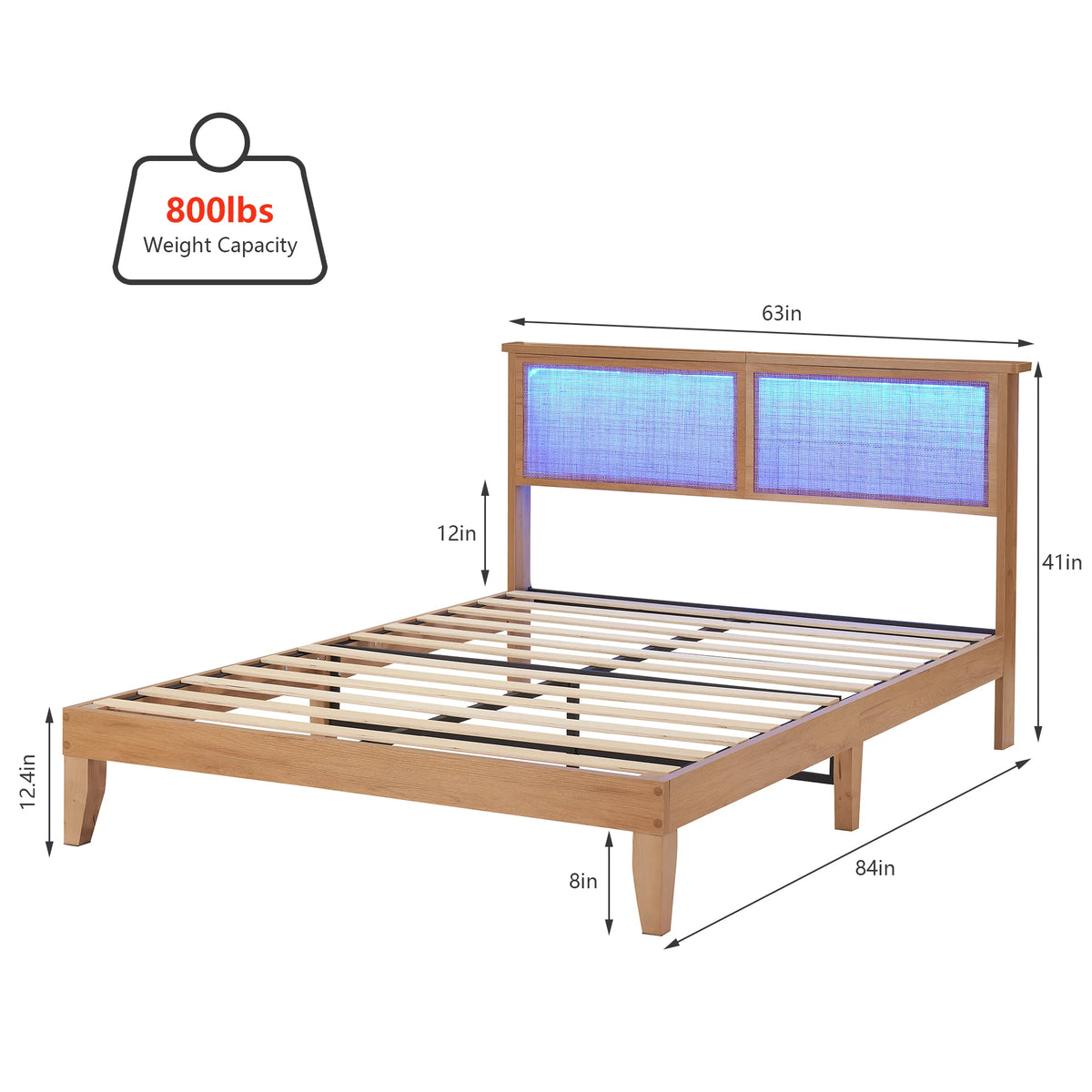 Wood Platform cama con Rattan Headboard y LED Lighting