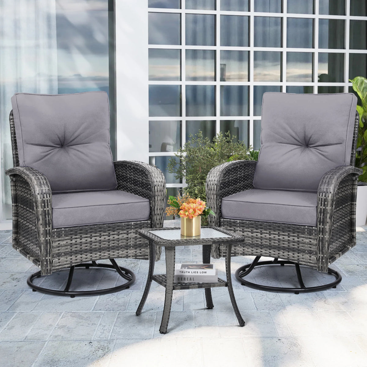 Swivel Wicker Chair and Side Table Set