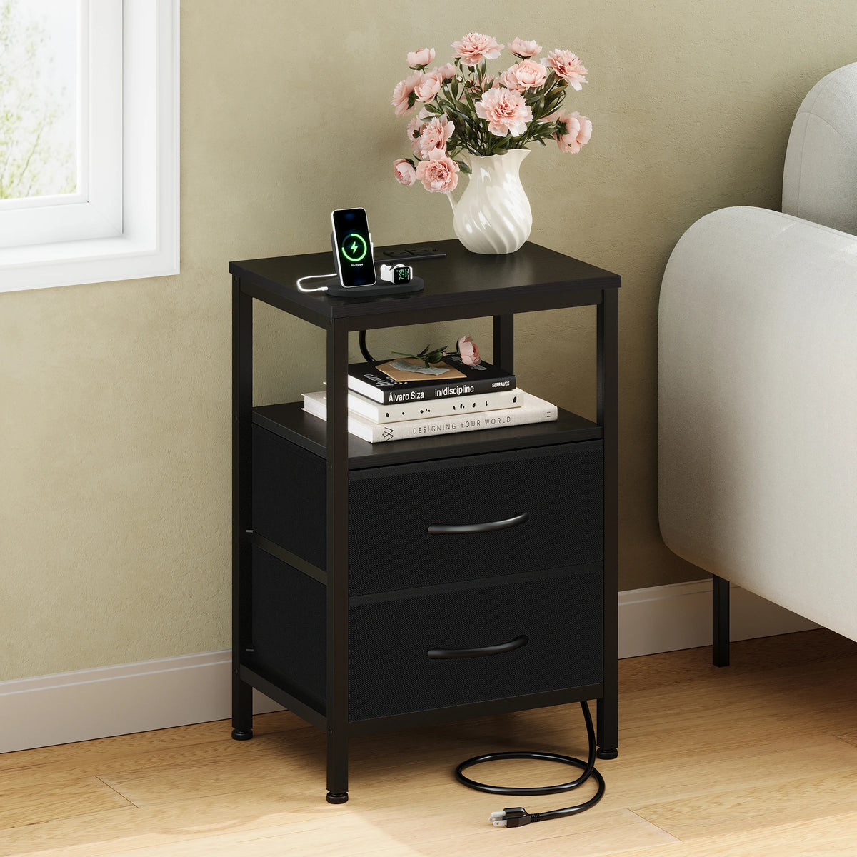 2-Drawer Nightstand con Charging Station