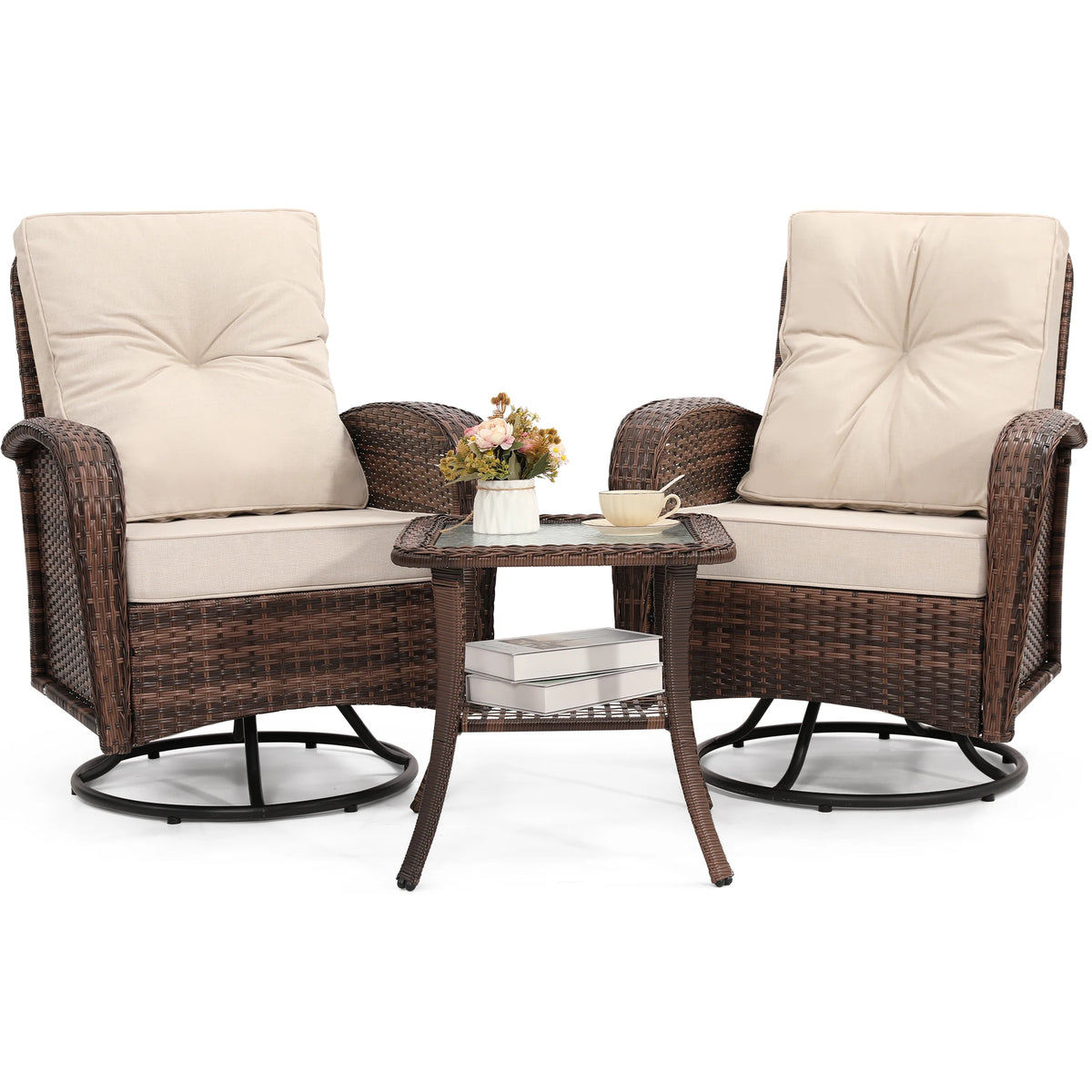 Swivel Wicker Chair and Side Table Set