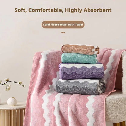 Oversized Striped Coral Fleece Bath Towel
