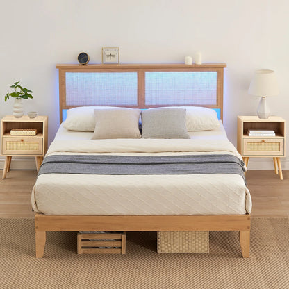 Wood Platform cama con Rattan Headboard y LED Lighting