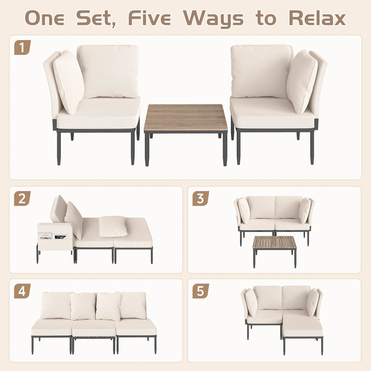5-in-1 Patio Loveseat Set with Coffee Table