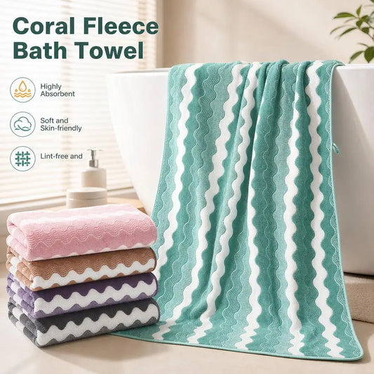 Oversized Striped Coral Fleece Bath Towel
