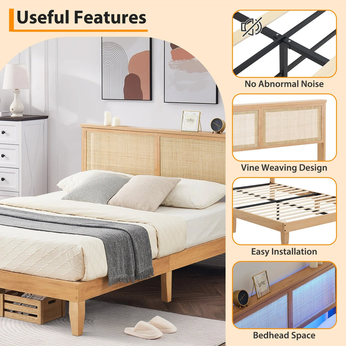 Wood Platform cama con Rattan Headboard y LED Lighting