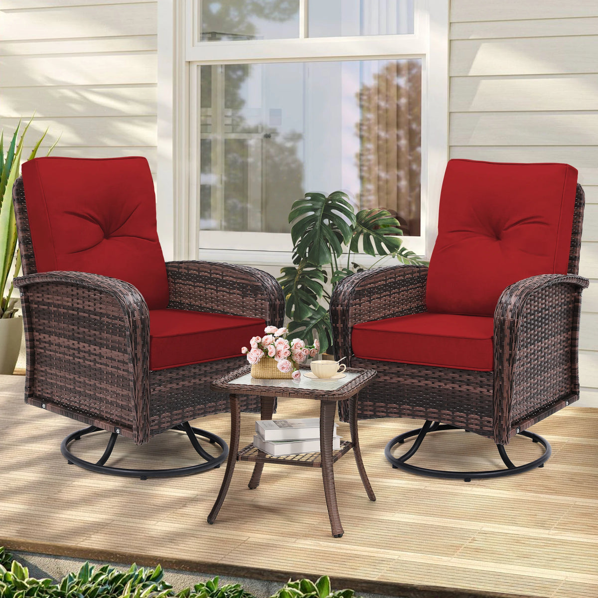 Swivel Wicker Chair and Side Table Set