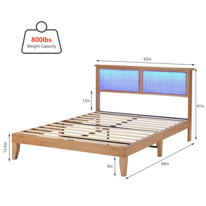 Wood Platform cama con Rattan Headboard y LED Lighting
