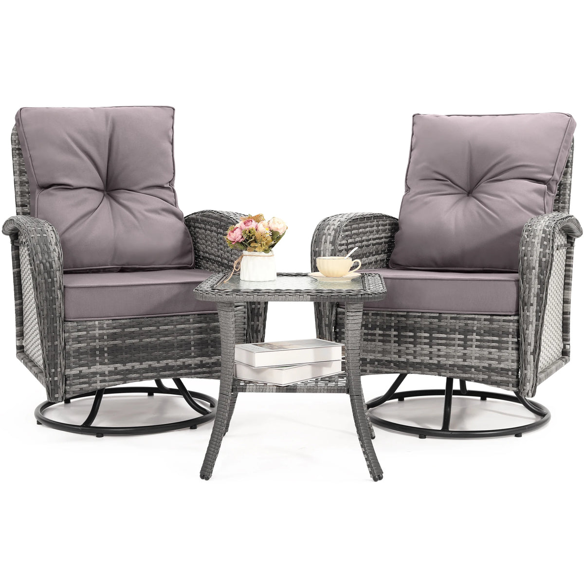 Swivel Wicker Chair and Side Table Set