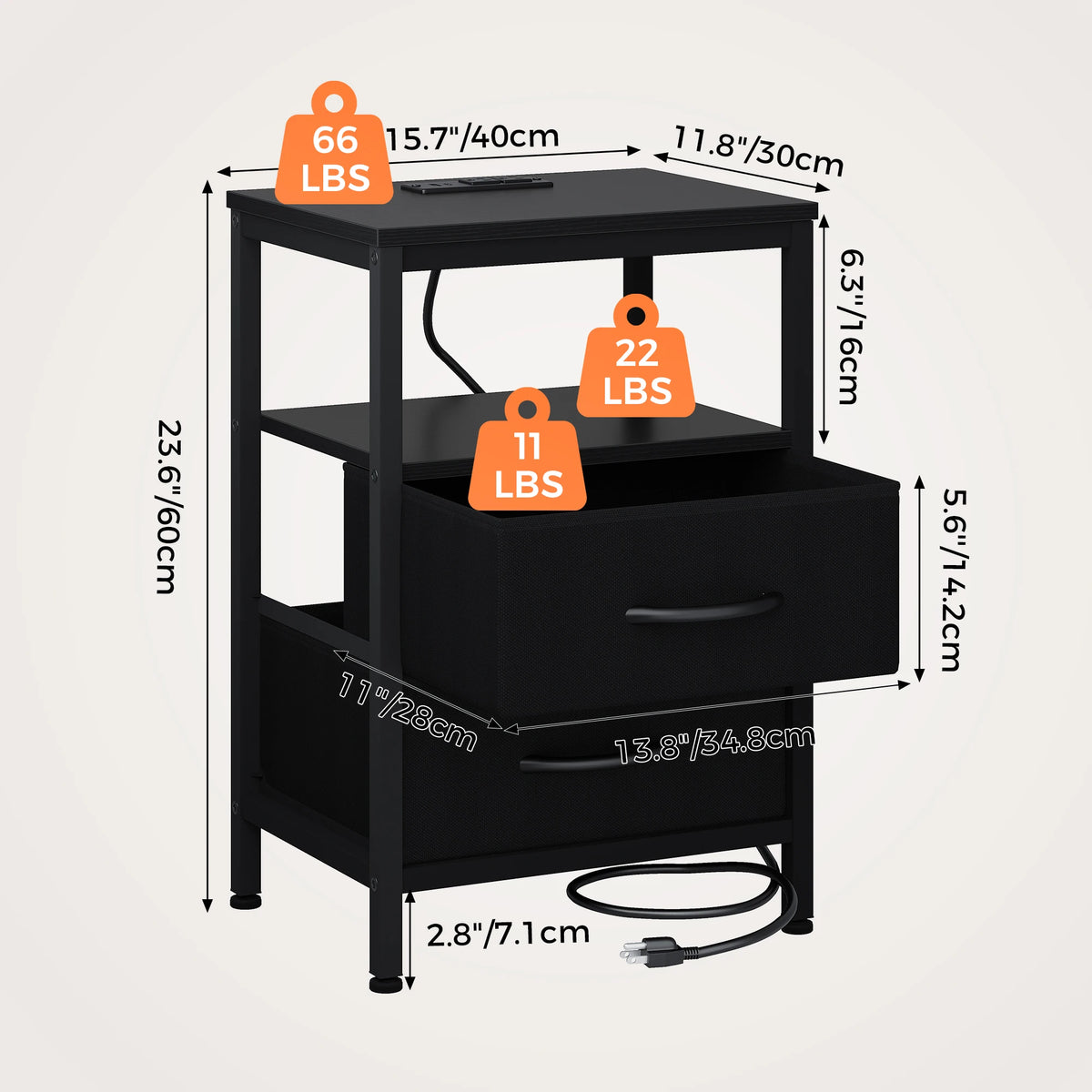 2-Drawer Nightstand con Charging Station