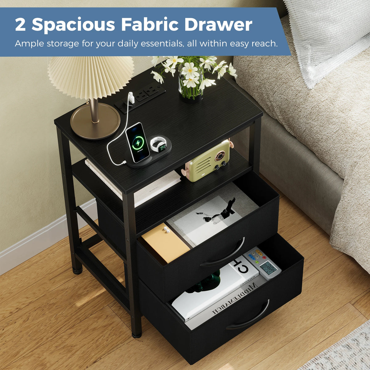 2-Drawer Nightstand con Charging Station