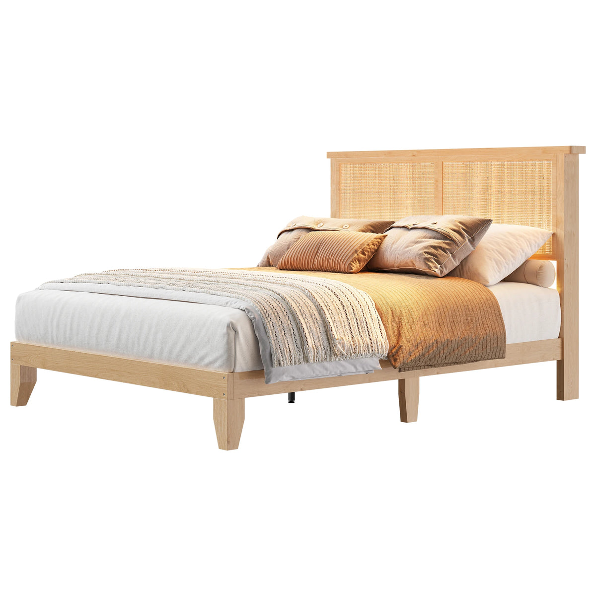 Wood Platform cama con Rattan Headboard y LED Lighting