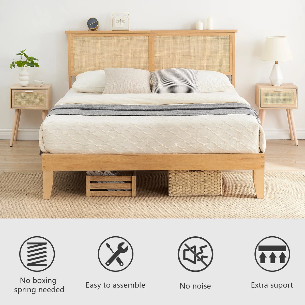 Wood Platform cama con Rattan Headboard y LED Lighting