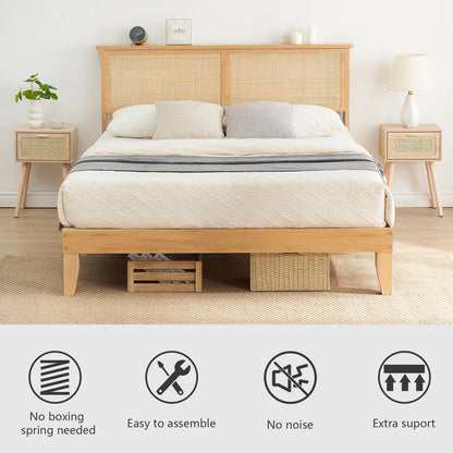 Wood Platform cama con Rattan Headboard y LED Lighting
