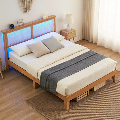 Wood Platform cama con Rattan Headboard y LED Lighting