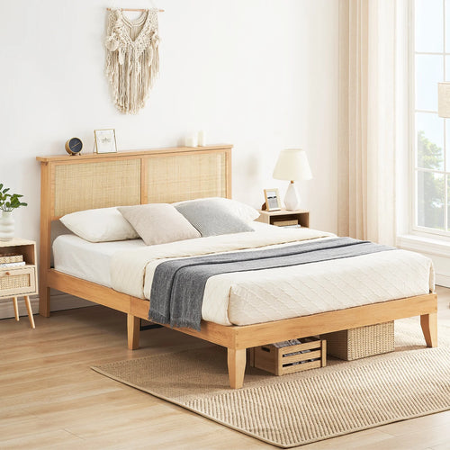 Wood Platform cama con Rattan Headboard y LED Lighting