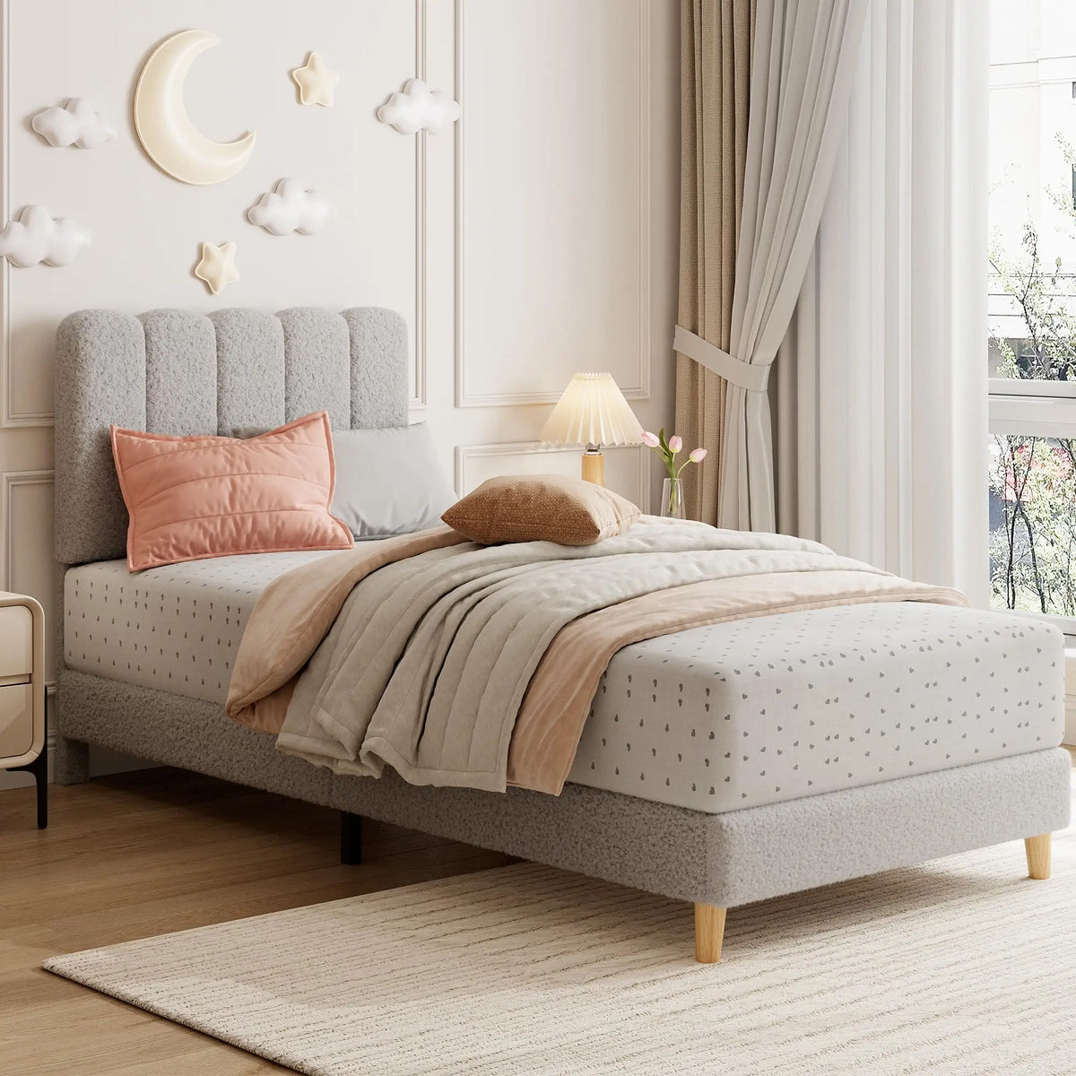 Twin XL Upholstered Bed Frame with Wave Headboard