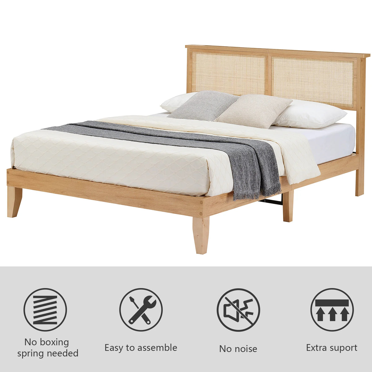 Wood Platform cama con Rattan Headboard y LED Lighting