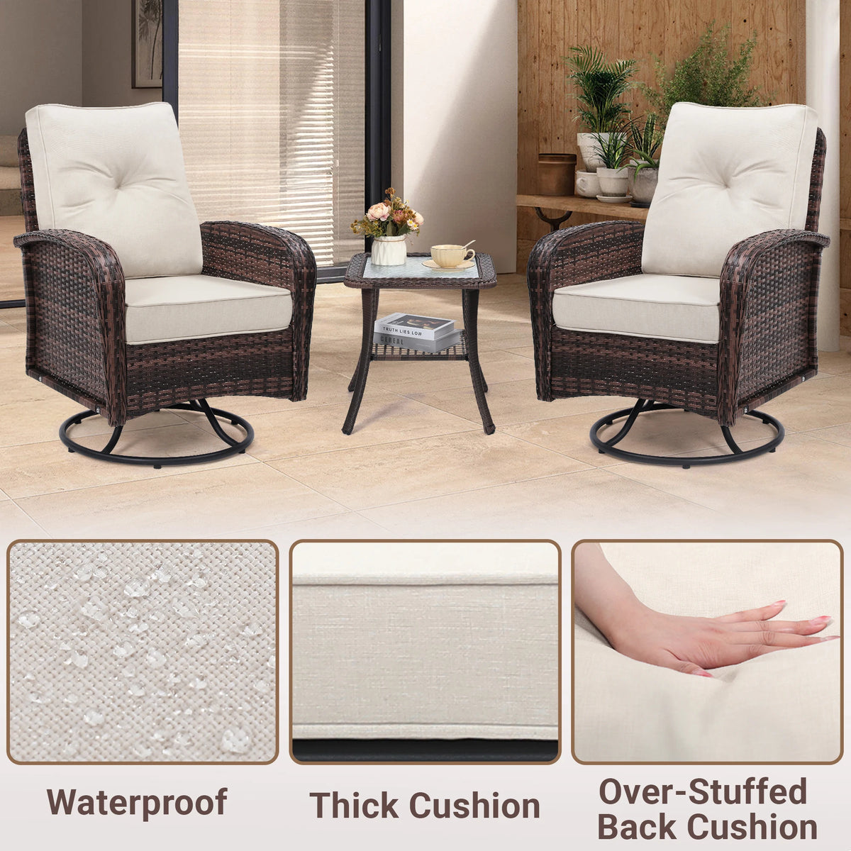 Swivel Wicker Chair and Side Table Set
