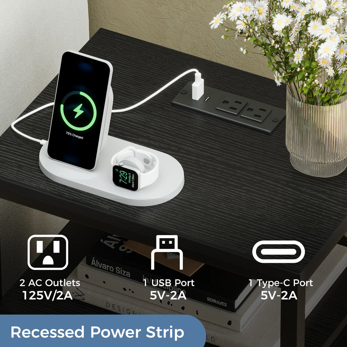 2-Drawer Nightstand con Charging Station
