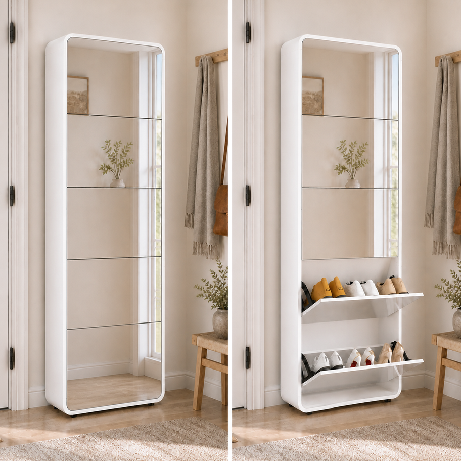Closed and open mirror shoe cabinet comparison
