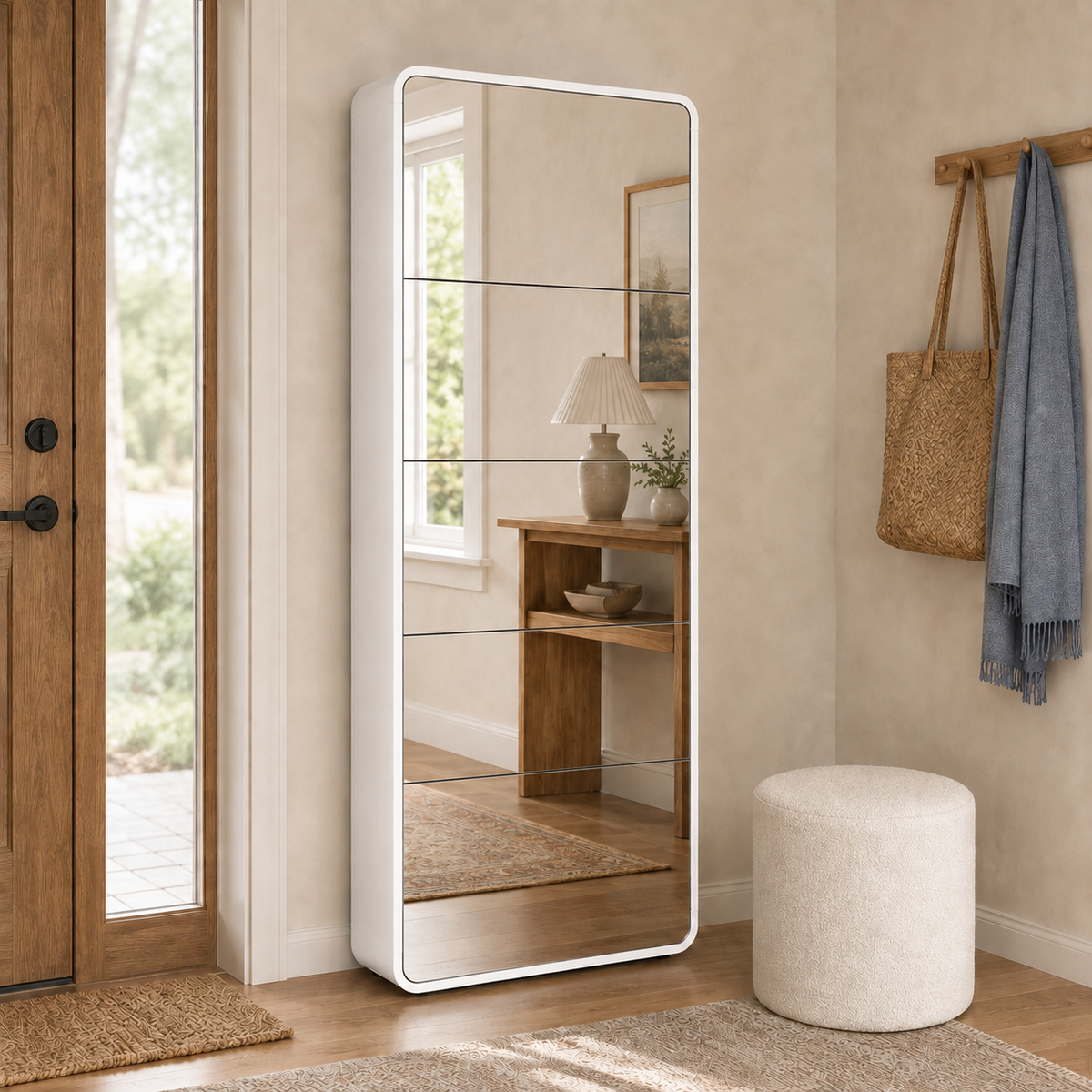 Mirror shoe cabinet with included Bouclé Pouf